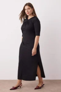 Trendyol Curve Black Node Detailed single jersey Knitting Plus Size Dress - Image 2