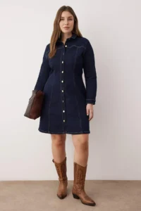 Trendyol Curve Mavi A-line Flexible denim Plus Size Dress