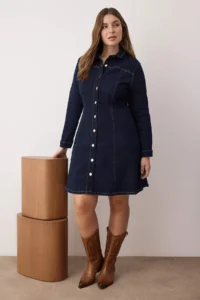 Trendyol Curve Mavi A-line Flexible denim Plus Size Dress - Image 2