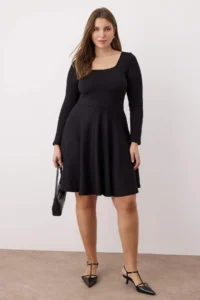 Trendyol Curve Black Square Neck skater Mini Knitting Plus Size Dress