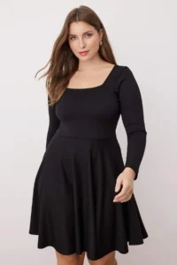 Trendyol Curve Black Square Neck skater Mini Knitting Plus Size Dress - Image 2