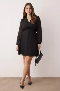 Trendyol Curve Black eyelet Detailed buttoned Lined Siphon Weaving Dress