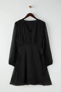 Trendyol Curve Black eyelet Detailed buttoned Lined Siphon Weaving Dress - Image 5