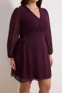 Trendyol Curve Plum eyelet Detailed buttoned Lined Siphon Weaving Dress - Image 3