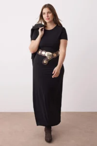 Trendyol Curve Black Short Sleeve bodycone/Fitting Crew Neck Flexible Knitting Maxi Pen Dress