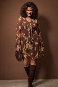 Trendyol Curve Brown V-neck flower patterned Tulle Knitting Plus Size Dress