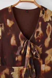 Trendyol Curve Brown V-neck flower patterned Tulle Knitting Plus Size Dress - Image 7
