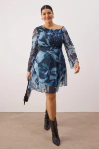 Trendyol Curve Mavi Asymmetric Yaka Patterned Tulle Knitting Plus Size Dress