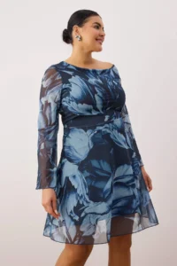 Trendyol Curve Mavi Asymmetric Yaka Patterned Tulle Knitting Plus Size Dress - Image 2