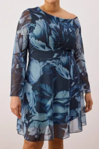 Trendyol Curve Mavi Asymmetric Yaka Patterned Tulle Knitting Plus Size Dress - Image 3