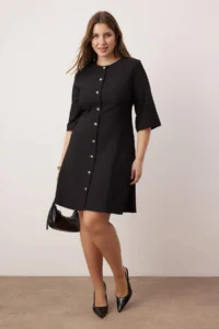 Trendyol Curve Black Gold buttoned Mini Weaving Plus Size Dress