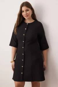 Trendyol Curve Black Gold buttoned Mini Weaving Plus Size Dress - Image 2