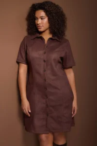 Trendyol Curve Dark Brown Shirt Collar Short Suede Weaving Plus Size Dress - Image 2