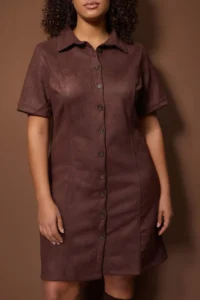 Trendyol Curve Dark Brown Shirt Collar Short Suede Weaving Plus Size Dress - Image 3