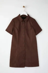 Trendyol Curve Dark Brown Shirt Collar Short Suede Weaving Plus Size Dress - Image 5