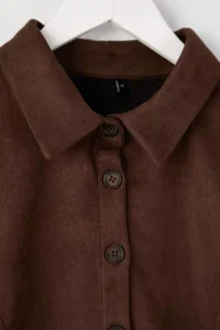 Trendyol Curve Dark Brown Shirt Collar Short Suede Weaving Plus Size Dress - Image 7