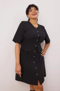Trendyol Curve Black buttoned Mini Weaving Plus Size Dress - Image 2