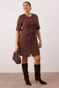 Trendyol Curve Brown buttoned Mini Weaving Plus Size Dress