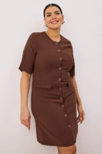 Trendyol Curve Brown buttoned Mini Weaving Plus Size Dress - Image 2