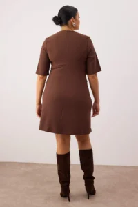 Trendyol Curve Brown buttoned Mini Weaving Plus Size Dress - Image 4