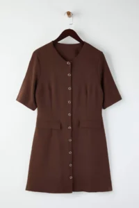 Trendyol Curve Brown buttoned Mini Weaving Plus Size Dress - Image 5