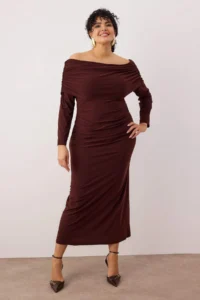 Trendyol Curve New year Brown Shirred Carmen Collar Flexible Maxi Knitting Dress - Image 2