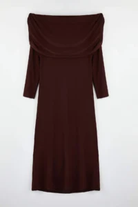 Trendyol Curve New year Brown Shirred Carmen Collar Flexible Maxi Knitting Dress - Image 8