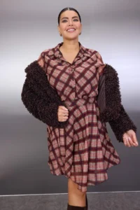 Trendyol Curve Multicolored Plaid/Checkered Siphon Gipelli Mini Weaving Plus Size Dress