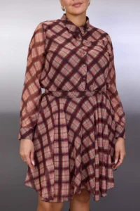Trendyol Curve Multicolored Plaid/Checkered Siphon Gipelli Mini Weaving Plus Size Dress - Image 3