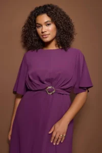 Trendyol Curve Special Collection Plum Plain Accessory Detailed Midi Plus Size Weaving Dress - Image 2
