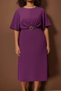 Trendyol Curve Special Collection Plum Plain Accessory Detailed Midi Plus Size Weaving Dress - Image 3