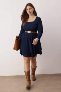Trendyol Curve Navy Blue Square Neck skater/Waist Open Crepe Knitting Plus Size Dress
