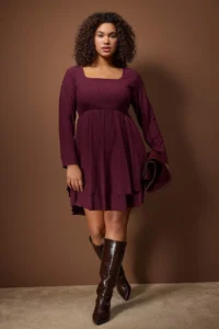 Trendyol Curve Plum Square Neck skater/Waist Open Crepe Knitting Plus Size Dress