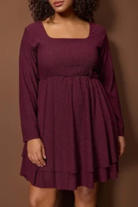 Trendyol Curve Plum Square Neck skater/Waist Open Crepe Knitting Plus Size Dress - Image 3