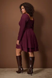Trendyol Curve Plum Square Neck skater/Waist Open Crepe Knitting Plus Size Dress - Image 4