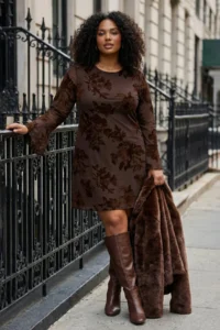 Trendyol Curve Brown Flok Printed bodycon Mini Tulle Flare Kollu Lined Flexible Knitting Dress
