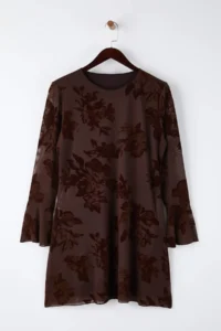 Trendyol Curve Brown Flok Printed bodycon Mini Tulle Flare Kollu Lined Flexible Knitting Dress - Image 2