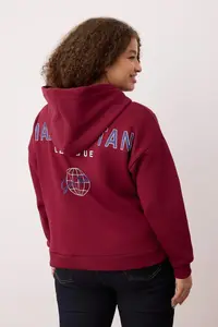 Trendyol Curve Burgundy Back Print Detailed Hooded Thick Fleece Inside Knitting Plus Size Sweatshirt - Image 4