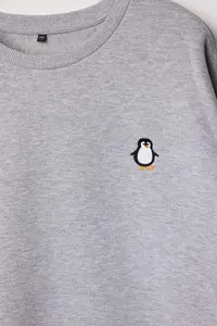 Trendyol Curve Gray Melange Penguin Embroidered Regular Fit Plus Size Sweatshirt - Image 6