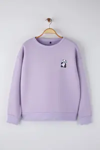 Trendyol Curve Lilac Panda Embroidered Regular Fit Plus Size Sweatshirt - Image 5