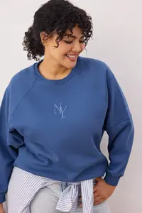 Trendyol Curve Indigo Regular Fit Embroidered Thick Knitting Plus Size Sweatshirt with Fleece Inside - Image 2
