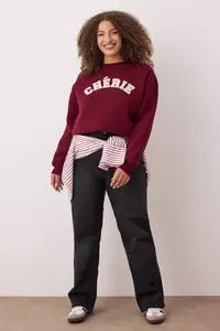 Trendyol Curve Burgundy Thick Oversized/Large Cut Slogan Embroidered Knitting Plus Size Sweatshirt