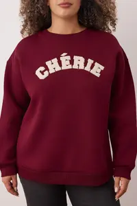 Trendyol Curve Burgundy Thick Oversized/Large Cut Slogan Embroidered Knitting Plus Size Sweatshirt - Image 3