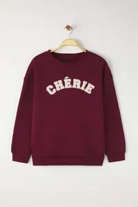 Trendyol Curve Burgundy Thick Oversized/Large Cut Slogan Embroidered Knitting Plus Size Sweatshirt - Image 5