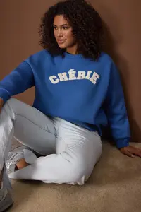 Trendyol Curve Indigo Thick Oversized Slogan Embroidered Knitting Plus Size Sweatshirt - Image 2