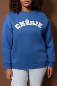Trendyol Curve Indigo Thick Oversized Slogan Embroidered Knitting Plus Size Sweatshirt - Image 3
