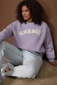 Trendyol Curve Purple Thick Oversized Slogan Embroidered Knitting Plus Size Sweatshirt
