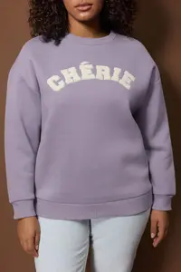 Trendyol Curve Purple Thick Oversized Slogan Embroidered Knitting Plus Size Sweatshirt - Image 3
