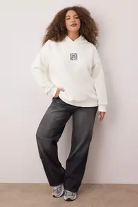 Trendyol Curve Ecru Oversized/Large Cut Embroidered Thick Fleece Inside Knitting Sweatshirt