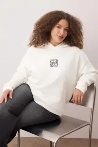 Trendyol Curve Ecru Oversized/Large Cut Embroidered Thick Fleece Inside Knitting Sweatshirt - Image 2